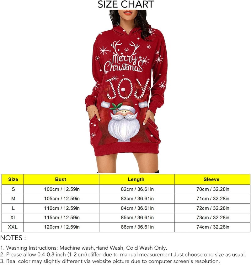 woobles Hoodie Dress, Womens Hoodie Dress Christmas Pattern Print Polyester Casual for Shopping - Image 3